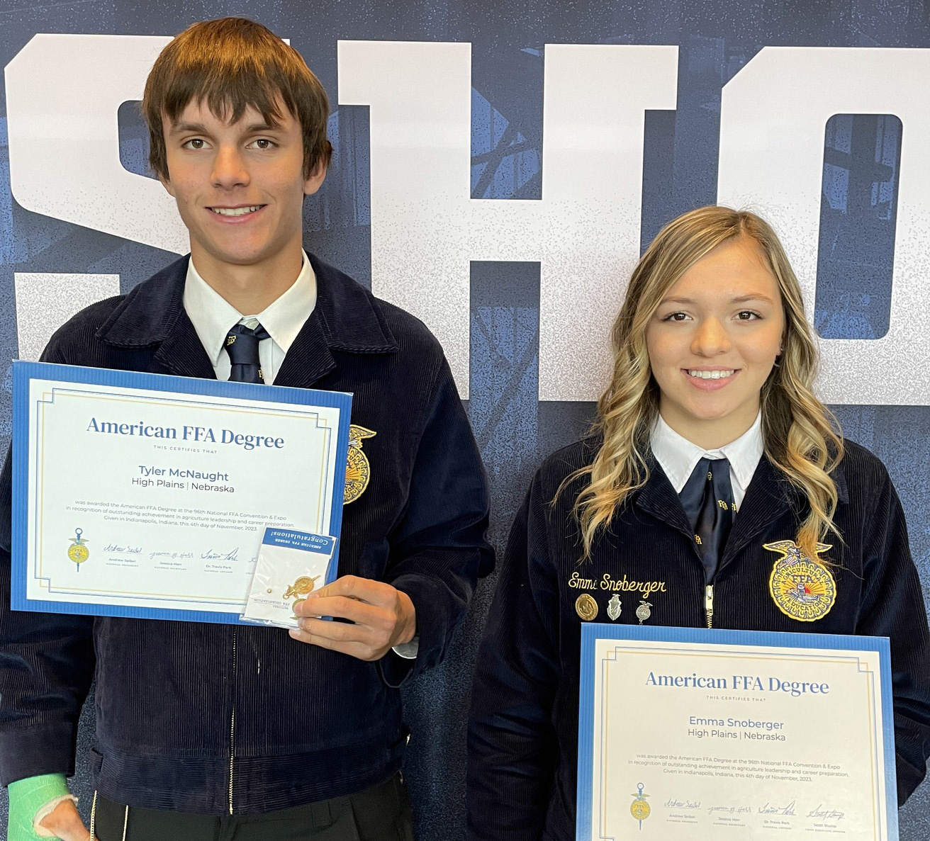 Tyler McNaught and Emma Snoberger recieved their American Degrees at the ceremony in Indianapolis, Ind. during the National FFA Convention last week. Five others unable to attend also received this honor: Trevor Carlstrom, Shelby Warnick, Cole Swedenburg, Gordona Howell, and Caleb Swedenburg. Photo provided.