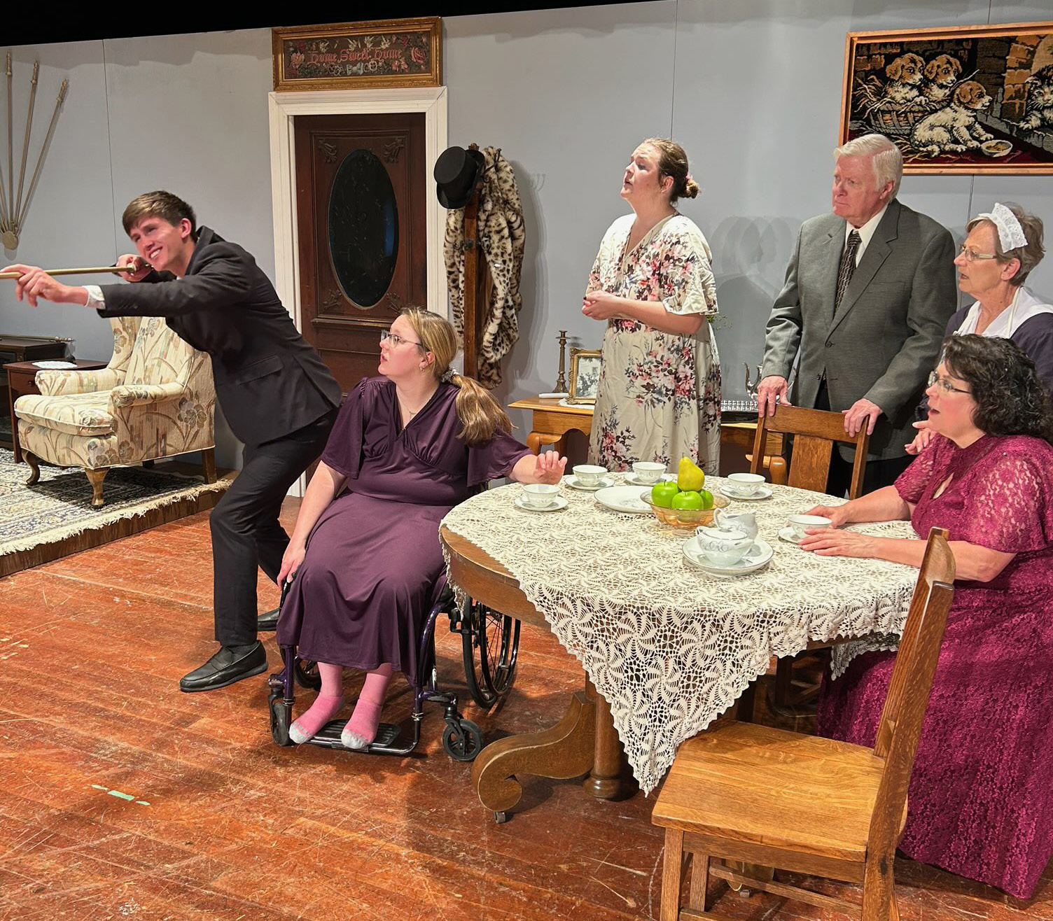 The central family in the play consists of Hayden Lavaley, Erika Burritt, Payton DeMers, Dave Rinehart, Debbie Girard, and Roxanne Page. Photo provided by Jenni Erhart.