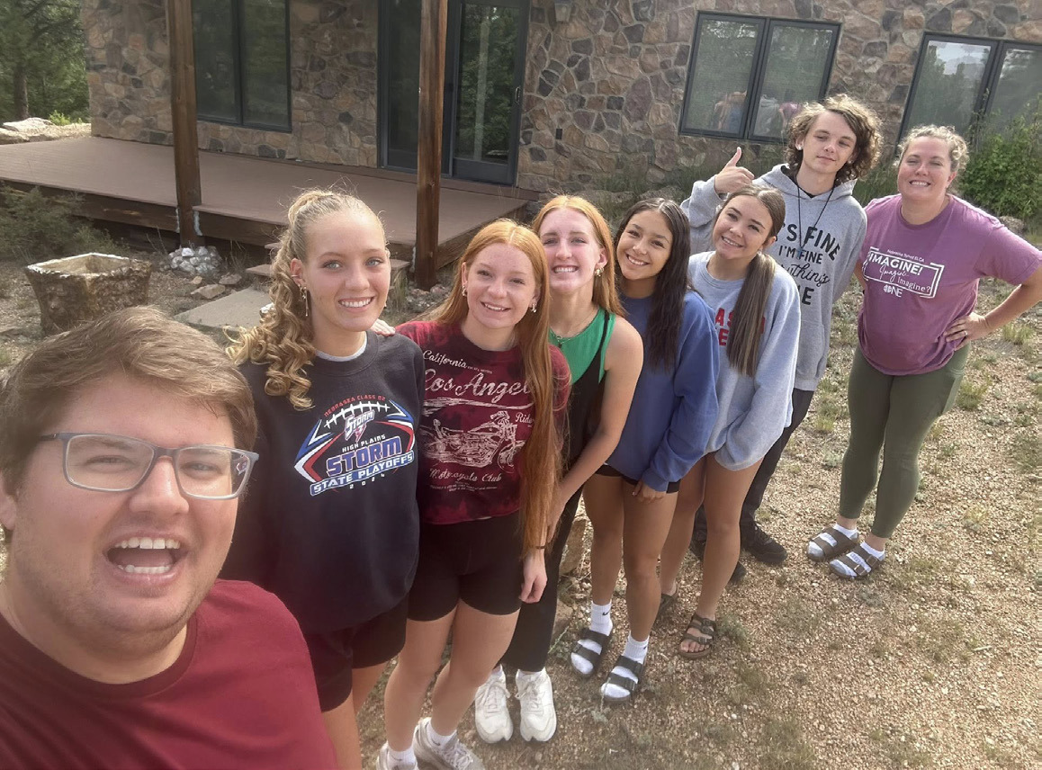 Swede Home youth took a trip to Colorado with Pastors Evan and Hillary Christensen. Pictured are (l-r) Pastor Evan, Rylee Hofmann, Madi Zerr, Peyton Hofmann, Gahvi Lesiak, Jacey Dubas, Isaac Meyer and Pastor Hillary. Photo provided.