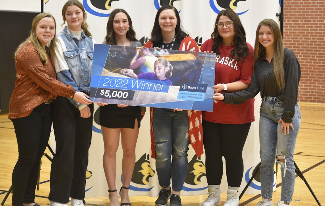 Members of the Shelby-Rising City FFA accept the $5,000 donation from the Bayer Fund. More than $65 million has been donated to schools since 2010. SRC Schools photo