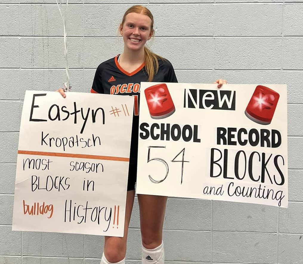 Eastyn Kropatsch set a new Osceola school record for blocks in a season. She is currently at 54...and counting. Photo provided.