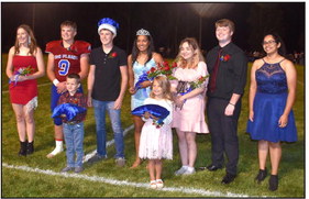 High Plains homecoming royalty for 2023 is (left to right) DeAnnah Swanson, Wyatt Urkoski, King Lance Russell, Queen Esperanza Lesiak, Kali Manka, Shane Cook and last year’s queen Yessica Barrios who presented the crowns. PCN photo by Beth Sparrow.