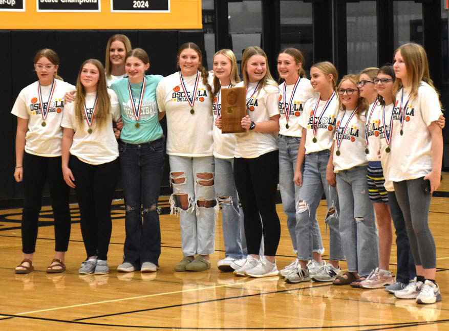 The Osceola Junior High girls’ volleyball team won CRC by beating BDS in York. They were recognized at Osceola’s last home game last Friday. The team is coached by Nicci Kropatsch. PCN photo by Beth Sparrow.