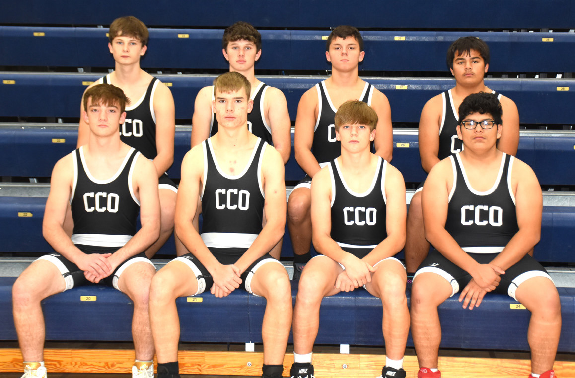 Wrestling for CCO this season are (front) Tony Dewitt, Liam White, Devin Nuttelman, Joaquin Alvarez Rodriguez, and (back) Paxton Burke, Jed Berggren, Zaeden Hughes and Calob Troy. Not pictured is Kalan Lane. PCN photo by Beth Sparrow.