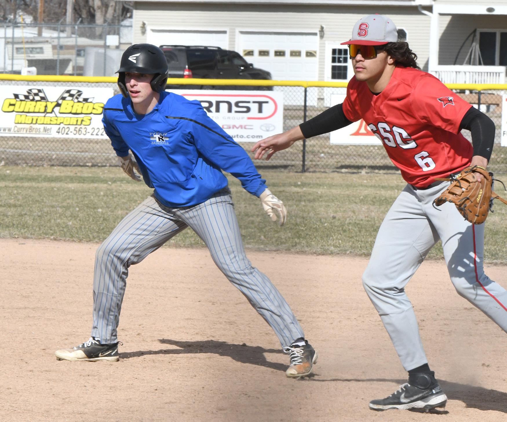 Caleb Peterson gets a lead off first in Thursday's game against South Sioux City. PCN photo by Rick Holtz
