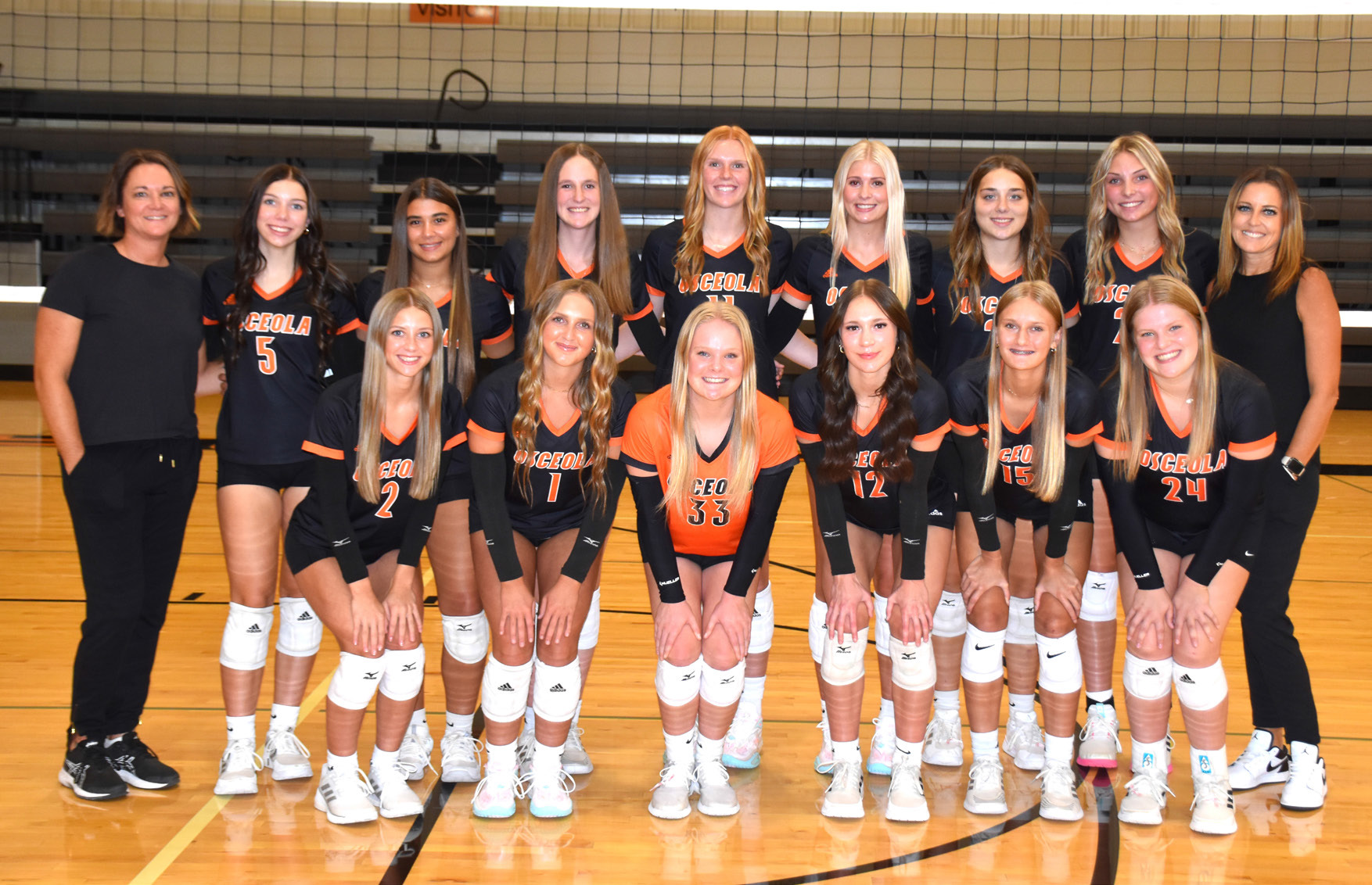 2024 Osceola volleyball: (front left to right) Halee Peterson, Emersyn Prososki, Janna Roberts, Alexis Burritt, Layla Page, Melinn Roberts; (back) Asst. Coach Amanda Hinkle, Camryn Peterson, Selah Gehring, Kimbree Page, Eastyn Kropatsch, Kenzie Bartling, Bella Recker, Graci Conkling, Head Coach: Cheri Prososki. PCN photo by Beth Sparrow.
