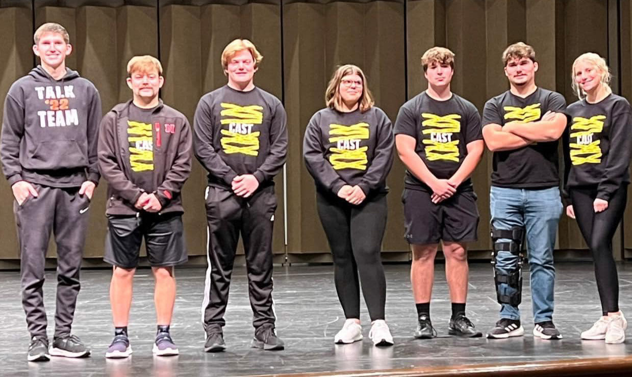 The Osceola One Act team are the Champions of the Gold Division of the KHS Mel Shoemaker Play Production Invitational! Acting Awards went to (pictured left to right) Hayden Lavaley, Matt DeMers, Joe Meysenburg, Josie Sunday, Braylon Peterson, Bransen Lavaley, and Sadie Sterup. Awards also went to Taylin Sanley and Cale Brumbaugh (not pictured). Matt DeMers received the Male Outstanding Actor Award in the Gold Division. Photo provided.