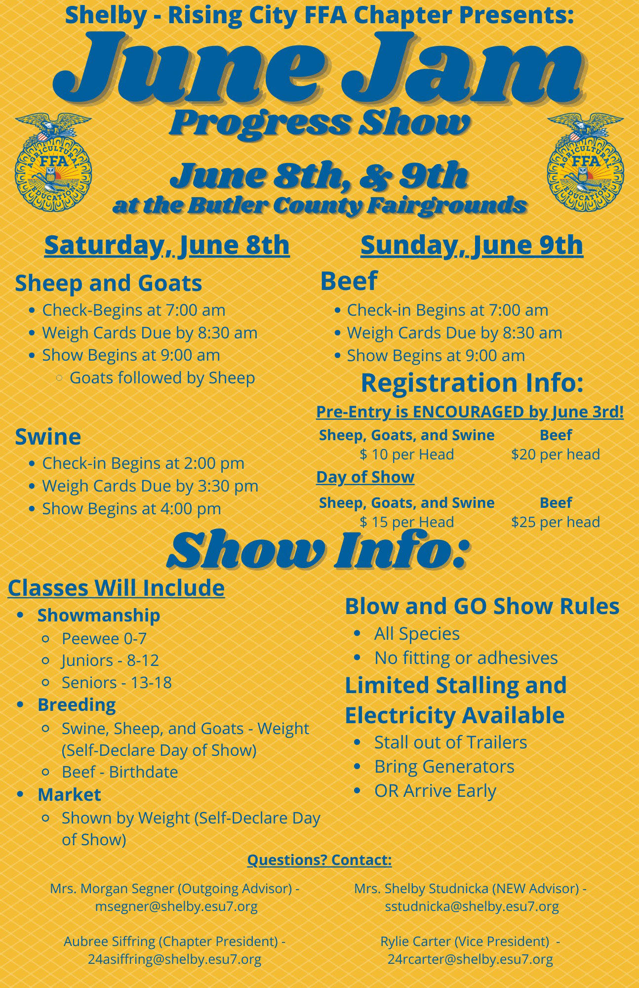 Shelby-Rising City FFA will host a June Jam progress show on June 8th and 9th at the Butler County Fairgrounds. Contact FFA members for more information. Graphic provided.