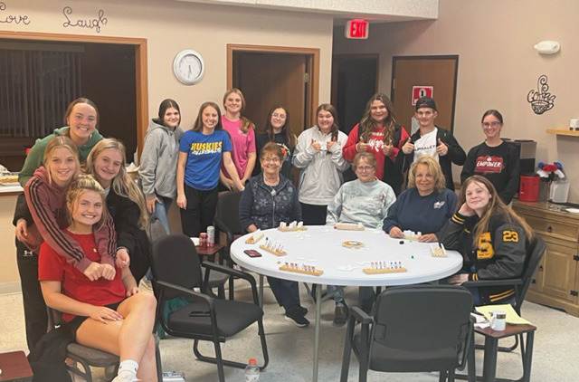 Pictured are Shelby-Rising City school students after playing train dominoes with Shelby Senior Center members. Photos provided