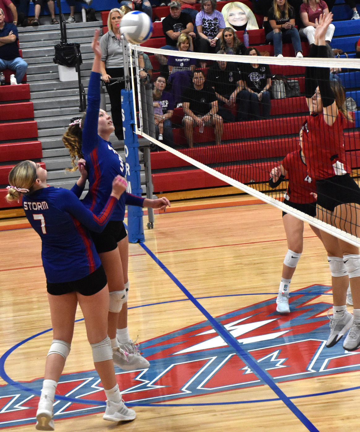 Rylee Hofmann gets a kill against Sandy Creek; she had two in the contest. PCN photo by Beth Sparrow.