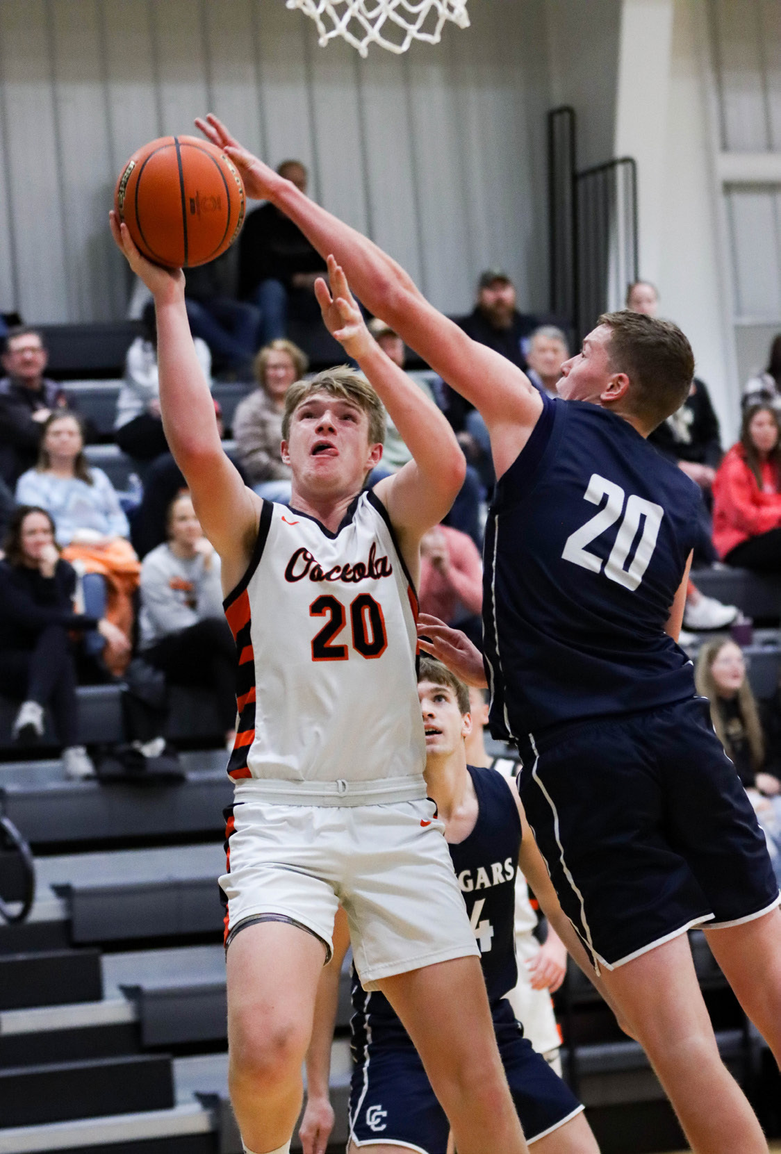 Braxton Mestl (OSC) tries to score while Brock Allen (CC) defends. PCN photo by Blaine Winslow.