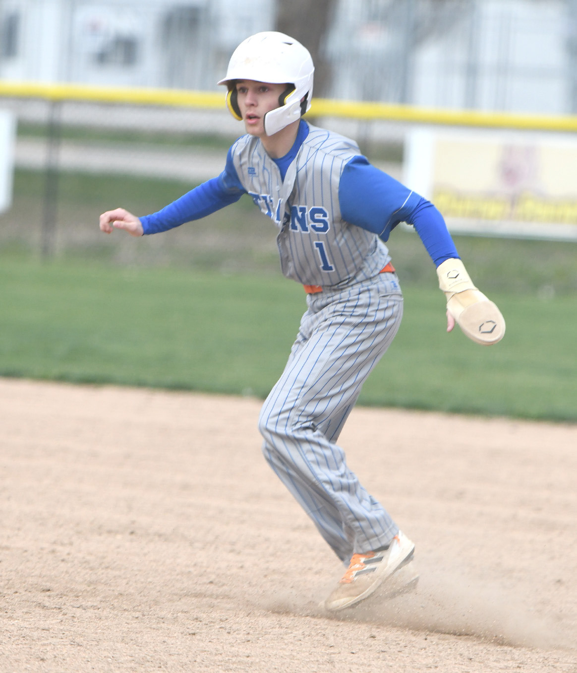 Brayden Santos takes a short lead off of first base after picking up a hit on Friday. PCN photo by Rick Holtz.