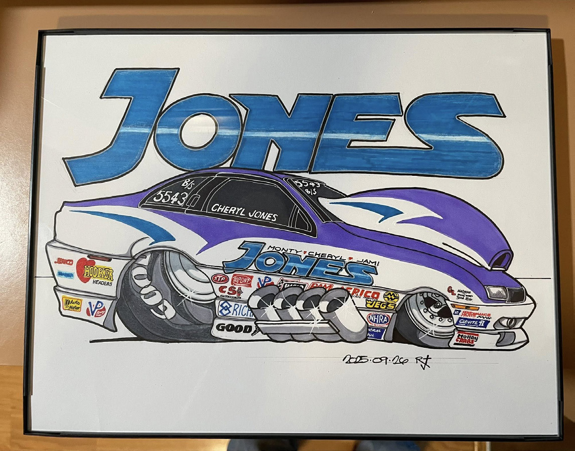 Above: A drawing by Rick Johnson of Monty Jones’ car was on the auction for the Nebraska Auto Racing Hall of Fame. Also Paul Jochim made each inductee a custom oil can with their name. 