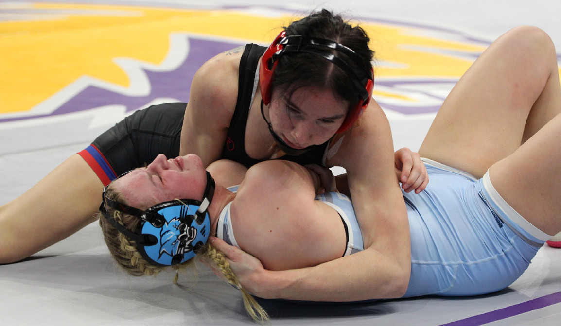 High Plains senior Dakota Gress pins Summerland’s Lilly Kester at the Nebraska Girls State Wrestling Tournament. Dakota went on to a fifth place finish at Class B 125 pounds. PCN photo by Travis Lane.