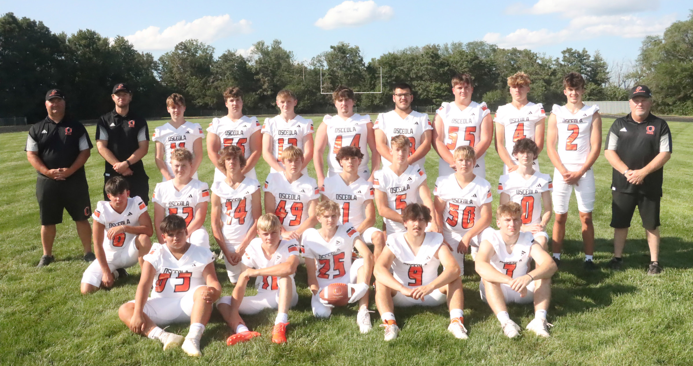 The Osceola Bulldogs 2025 football team, front (L-R); First Row ( L to R): Leland Rice, Hunter Baumert, Joshua Sandman, Alex Merry, Aden Feezell. Second Row; Milo Gehring, Kamdyn Udey, Brody Walker, Jarrett Althouse, Brayden Santos, Brycen Kula, Brant Gabel, Tavenn Lamonde. Back Row; Dan Theis, Luke Ericson, Jaxon Lassek, Braylon Peterson, Kolton Barr, Cooper Yungdahl, Brenden Gabel, Landon Winslow, Landan Drozd, Jackson Winslow, Andy Roberts. PCN photo by Ken Kush.