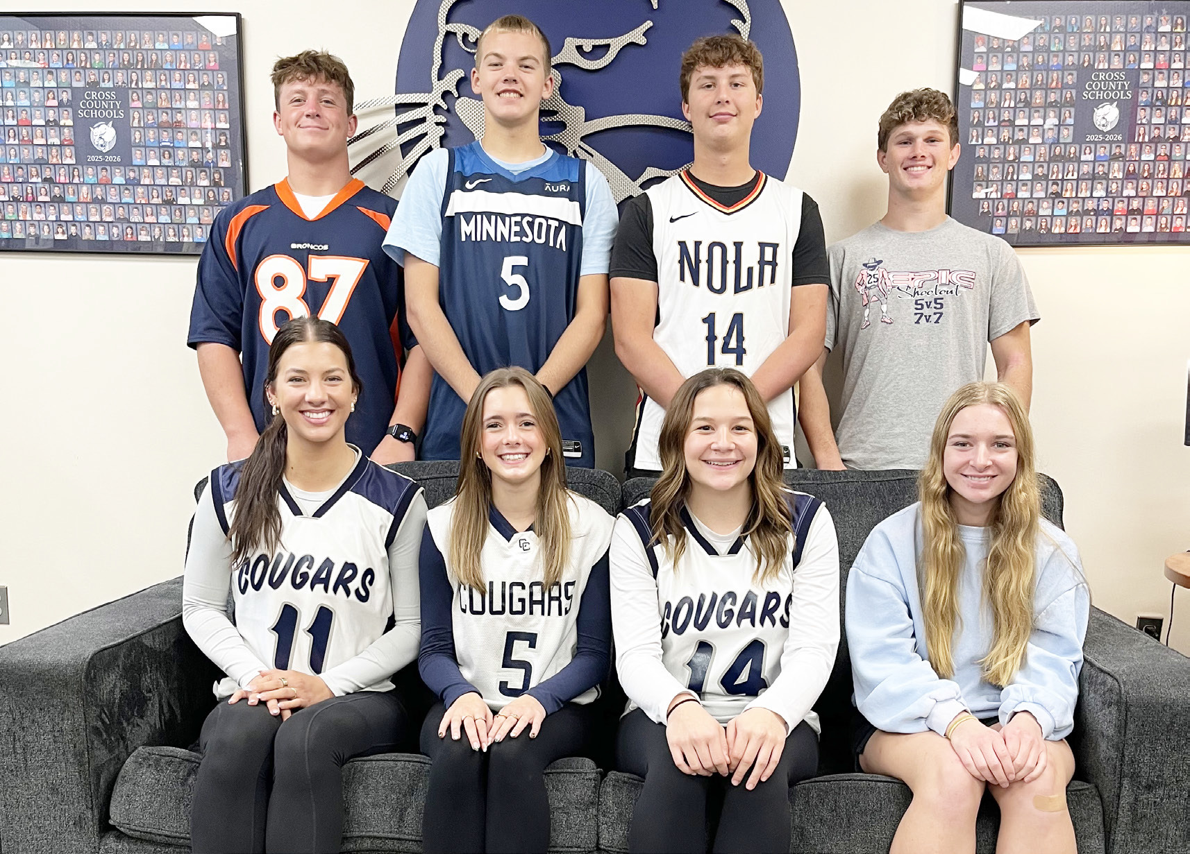 Homecoming candidates at Cross County include front from left: Saphira Osentowski, Ella Cramer, Ava Pruter, Finley Peterson. Back row: Mason Quilhot, Benson Seim, Gabe Nuttelman, Jed Berggren. Photo provided.