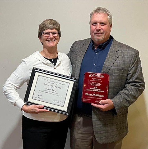 Band teacher Mrs. Laureen Powell received recognition for 40 years in music education, and Superintendent Brent Hollinger received the outstanding administrator award. These awards were presented by the Nebraska Music Education Association. Photo provided.