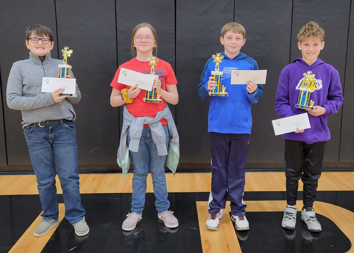 Fifth and sixth grade Spelling Bee winners include: First Jerry Carlson of High Plains (6th), second Brynn Wadas of High Plains (6th), third Mason Alexander of Osceola (5th) and fourth Braylon Duncan of Cross County (5th). PCN photos by Beth Sparrow