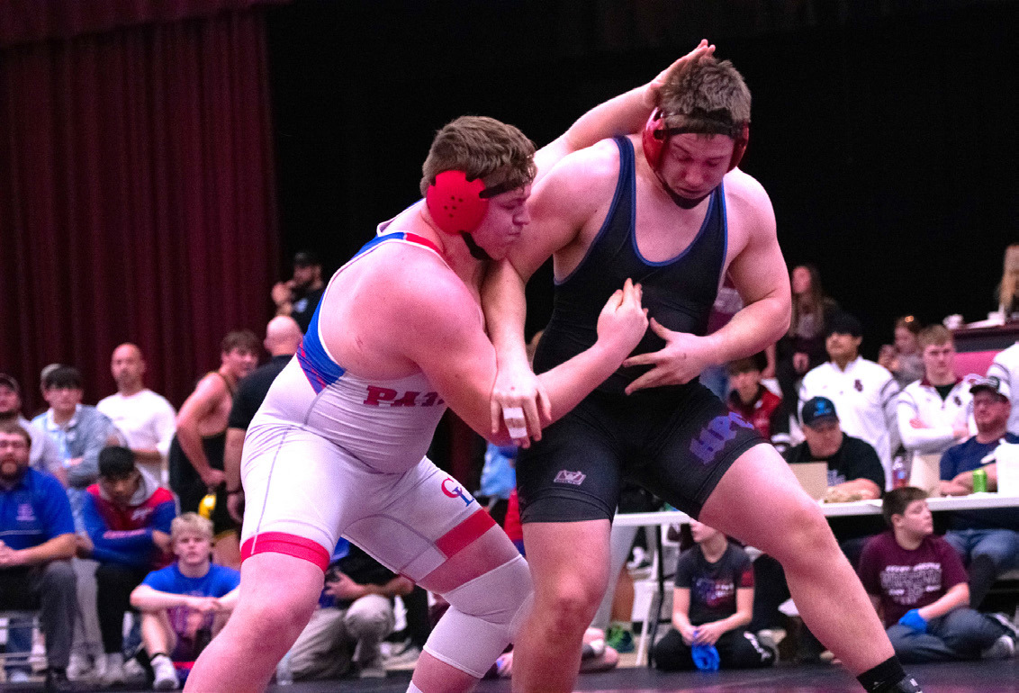 Caleb Sharman wrestles Levi Gall (Clarkson-Leigh). Sharman placed second. PCN photo by Melissa Aaberg.