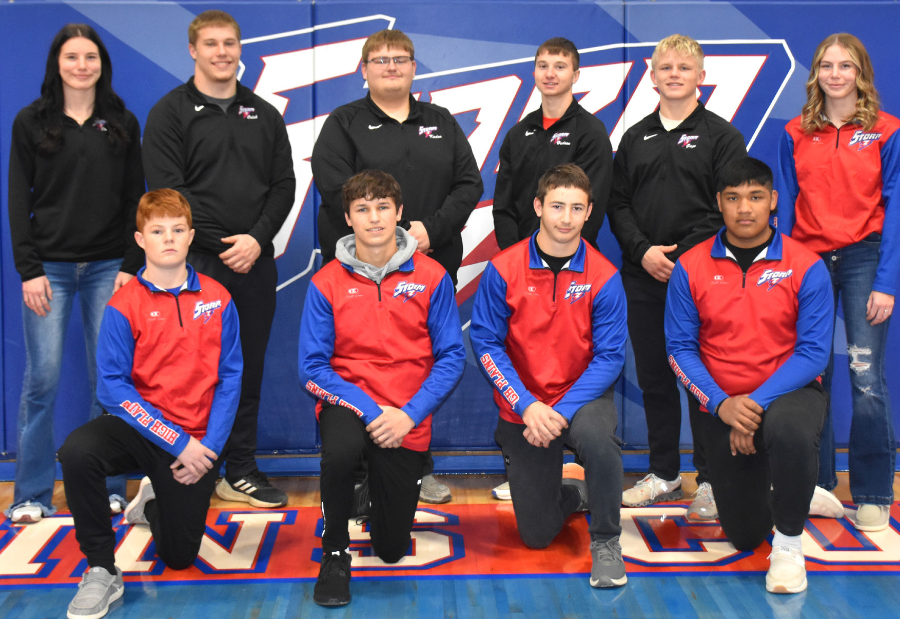 2024-25 HPC Wrestling: (front) Makayo Confer, Levi Russell, Aaron Brown and Neddy Lesiak; (back) Dakota Gress, Caleb Sharman, Kaden Rieken, Hudson Urkoski, Gage Friesen and Bailey Gress. PCN photo by Beth Sparrow.