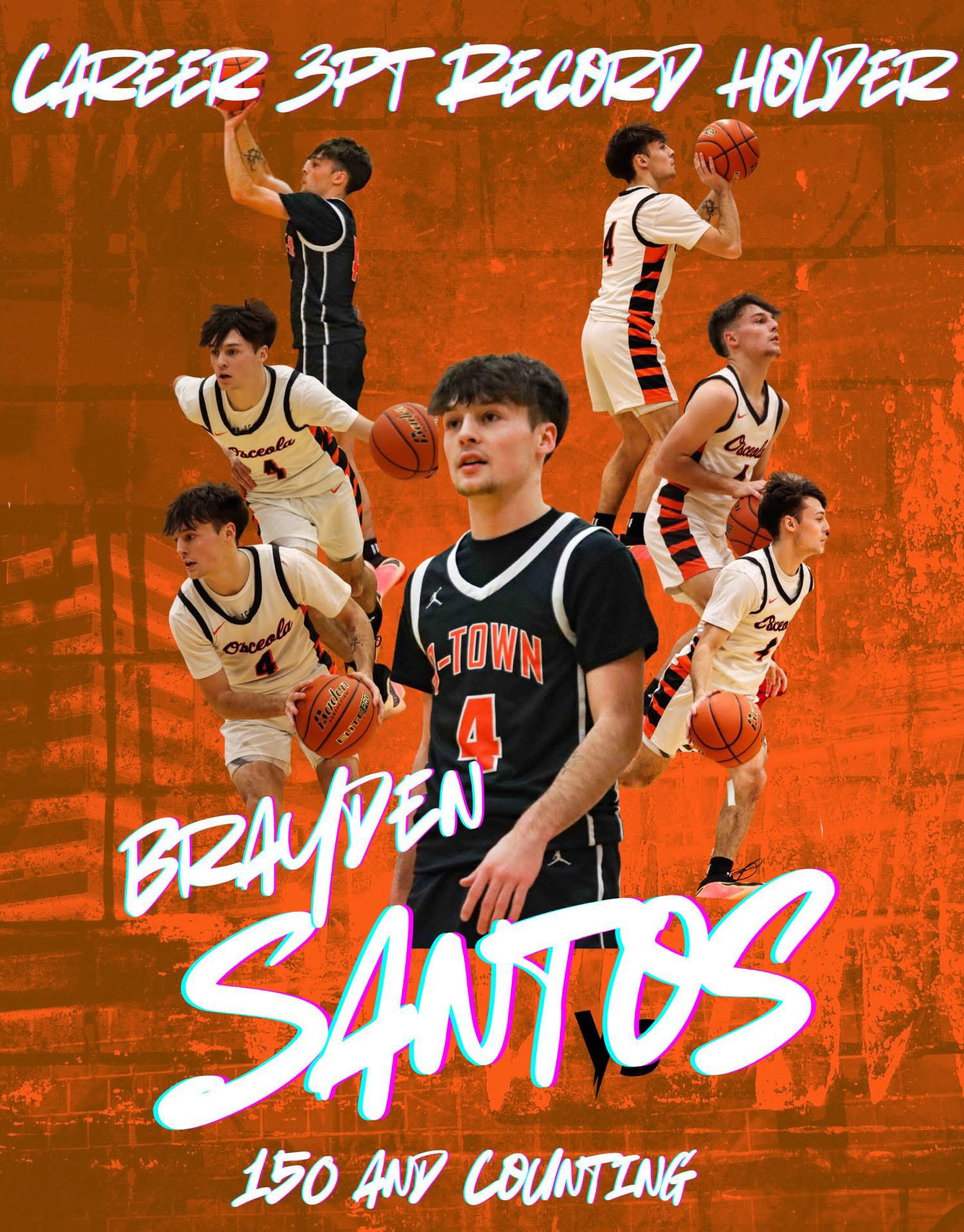 Above: Brayden Santos, Osceola senior, broke the record for most 3-point shots made in his career on Saturday. He hit 5 on Saturday to make his total 150, which is the new record. The record was held by Isaiah Zelasney. Graphic provided by Osceola Schools.