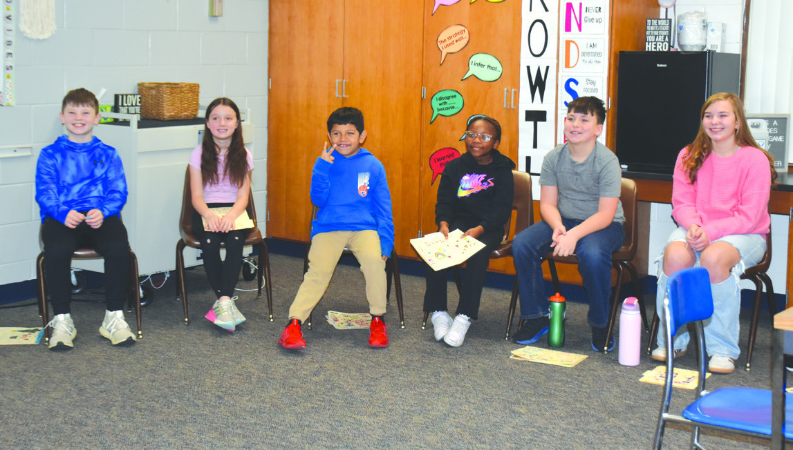 These students read poems and other written works on Thursday. Pictured above are Collin Brockevelt, Nickenzlee Confer, Alessandro Encamacion-Marino, Di’Mya Kershaw, Wesley Lewis and Sutton VanPelt. 