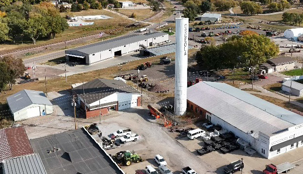 Above: The Osceola water tower has stood since 1905 but is slated to come down. Photo by Charles Noyd (by drone).