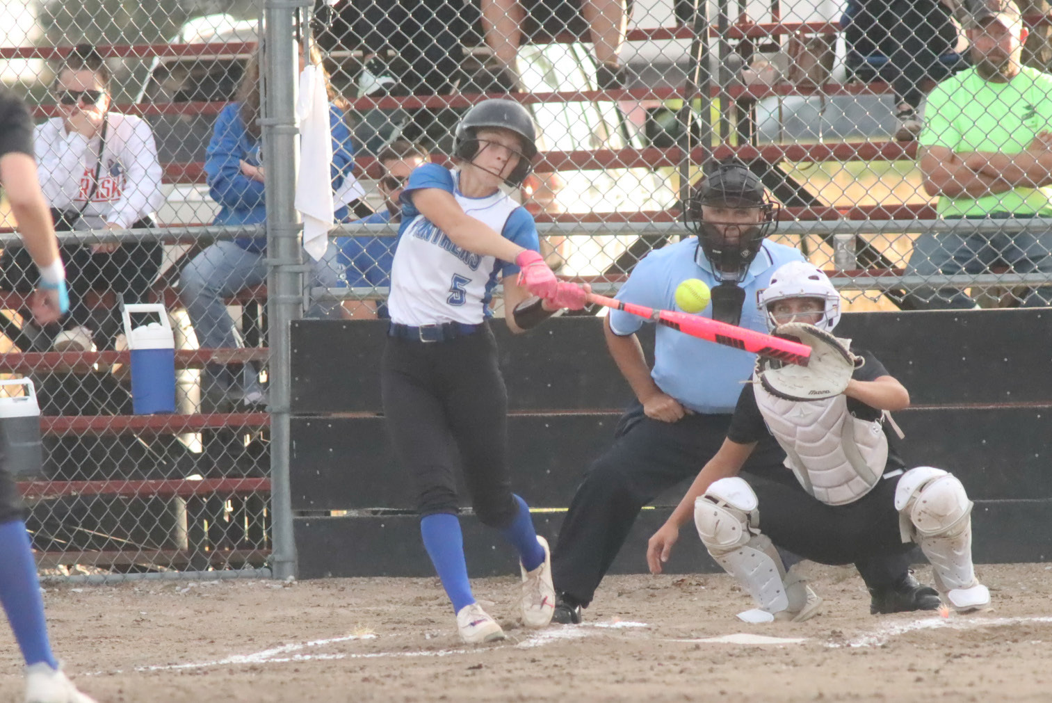 The Blue River Panthers softball team capped a strong week with an 11-1 win at Centennial on Thursday night. Here senior Danica Watts homers to right field as she was 4 for 4 in the win. over the Broncos. PCN photo by Ken Kush.