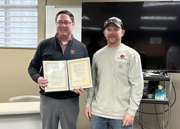 Congressman Mike Flood visited Polk County RPPD in honor of lineman’s day coming up on April 7th. Pictured with him is lineman Ryan Carlson. Photo provided.