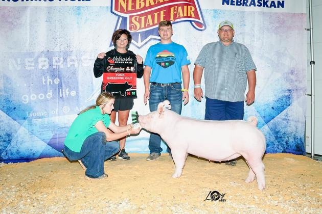 Collin Vrbka (center) is here with his Champion Yorkshire Breeding Gilt, along with his parents Jen Vrbka (left) and Corey Vrbka (right). Photo provided