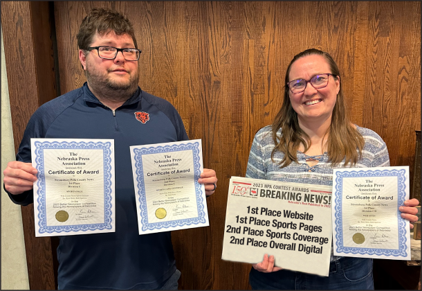 Rick Holtz (left) and Beth Sparrow were recognized over the weekend at the Nebraska Press Association’s Better Newspaper Contest awards ceremony. The PCN team received awards for the sports pages and website and Holtz won for sports coverage. PCN photo by Kimberly Holtz