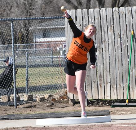Melinn Roberts (OSC) finishes 8th in the shot put with a 30-02.25 throw. PCN photos by Rick Holtz