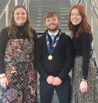 Matt DeMers (of Osceola) was selected by the NSAA for his entertainment speech as “the best of the best”. Pictured with him are his coaches Payton DeMers-Sahling (left) and Abby Olson. Photo provided.