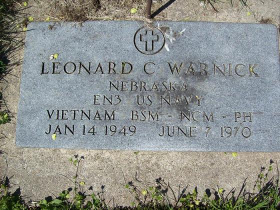 Top: Leonard C. Warnick will be honored on the Vietnam Veterans Memorial in Papillion. Photo provided. Bottom: His gravestone in the Polk Cemetery. Photo courtesy of Renae Burke Hunt.