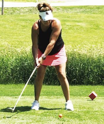 The 2026 Midwest Covenant Home Golf Tournament was held at Ryan Hill Golf Course this past Friday. The format were four-person teams, best ball, playing 18-holes of golf. Left- Shelly Urkoski tees off during the tournament. Photo provided by Craig Pinley.