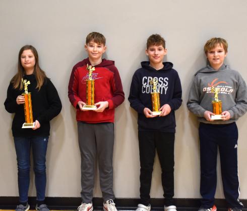 ABOVE: Fifth and sixth graders competed in the morning; winners included (left to right) first Rebekah Werth (CC), second Mason Alexander (OSC), third Braylon Duncan (CC) and fourth Dawson Baloun (OSC). PCN photo by Beth Sparrow. BELOW: Seventh and eighth graders competed in the afternoon. Winners were (left to right) first Lily Crane, second Bryn Wadas, third Bradley Lott, and fourth Jadelynn Gifford. Photo provided by Osceola School.
