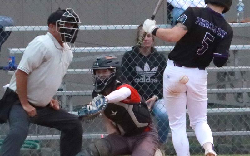As part of SOS five-run second frame, Aden Feezell is hit in the lower back by a pitch and that drove in a run to give the Rebels a 3-2 lead at that point. PCN photo by Ken Kush.