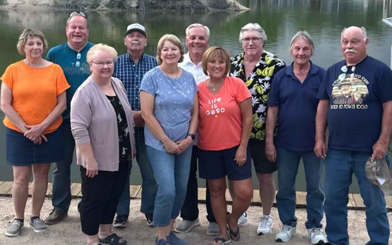 The Shelby Class of 1976 reunited for their 50th over the weekend. Pictured are Kathy Lassek Schmidt, Mike Boss, Mary Slusarski Abegglen, Mark Hegi, Ann Grossnicklaus Landerfield, Mike Morgan, Peg Gabriel Vrbka, Mike Vrbka, Eugene Levos, and Pat Augustin. Photo provided.