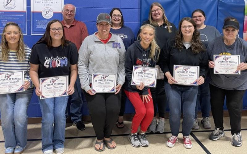 High Plains staff were recognized for being there for 5, 10, 15, 20 and 25 years. Pictured are Jessica Hatfield 10 yr, Sierra Konwinski 10 yr, Megan Buller 15 yr, Bailey Williams 5 yr, Stephanie Carlson 15 yr, Penny Bengston 5 yr, Mike Howell, Tabitha Rieken, Laura Hedrick and Sarah Engler. Photo provided.