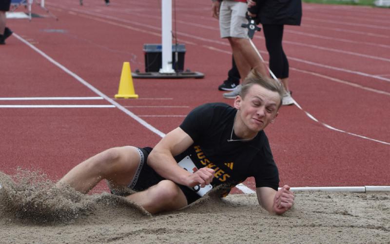 Shelby-RC junior Jett Vrbka hits the sand in the Class C Triple Jump event at the Nebraska State Track and Field Meet this past weekend in Omaha. PCN photo by Beth Sparrow