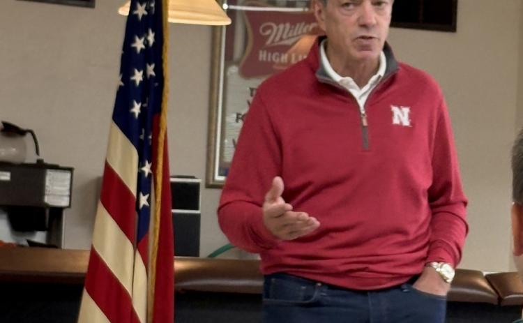 Governor Jim Pillen spoke in Shelby to farmer and the public. PCN photo by Beth Sparrow.