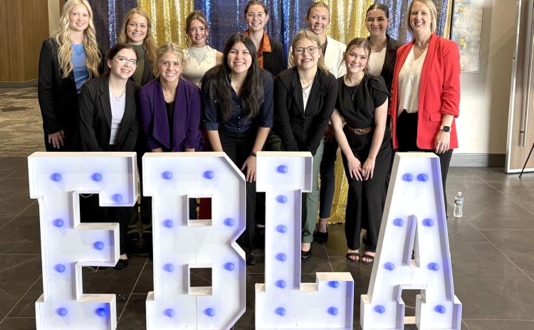 FBLA State Leadership Conference in Kearney. Front-left to right: MaHaylee Dotson-Monroe, Mady Berggren, Naima Ramirez, Kylie Moore, Lily Cramer. Back-left to right: Kelsey Brehm, Olive Peterson, Ella Cramer, Julia Stewart, Eastyn David, Misty Noble, Lynn Blex. Photo provided.