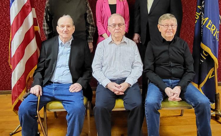 Front row left to right Bill Johansen, Marvin Klein, Richard Ekstrom; back Gene Bartak, Michelle Berry Hopkins, Joe Kresha were honored for their continuous memberships from 15 years to 70 years. Photo provided.
