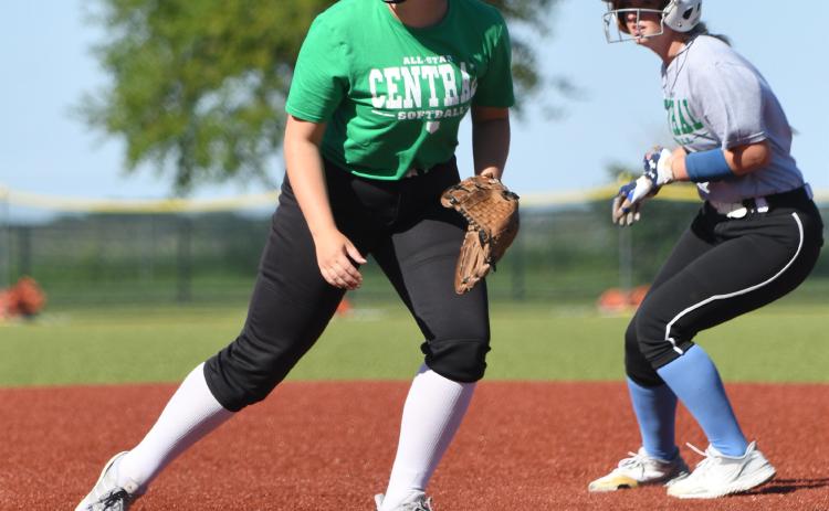 Above: Rylie Carter plays in the Central Community College All Star softball game for the green team. Below: Aubree Siffring is up to bat in the Central Community College All Star game. Both girls graduated from Shelby-Rising City in May. PCN photos by Rick Holtz.