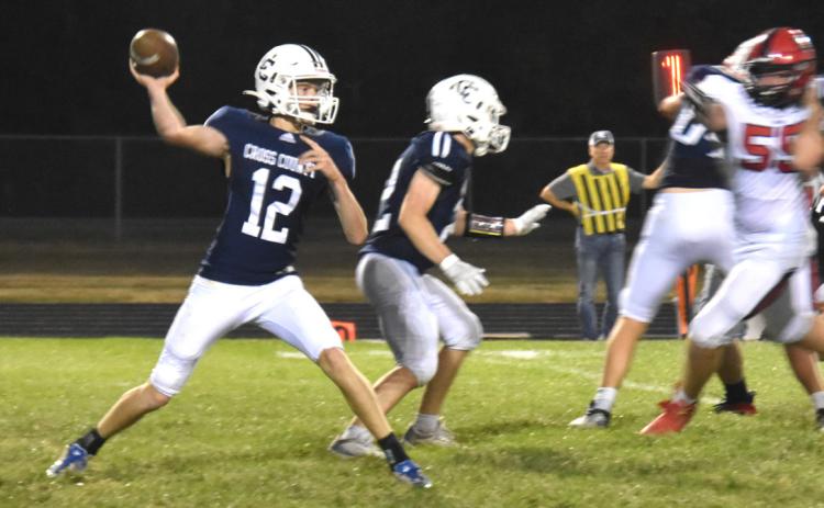 Sawyer Anderson is ready to pass as Tony DeWitt is ready to block. PCN photo by Kirk Sparrow.