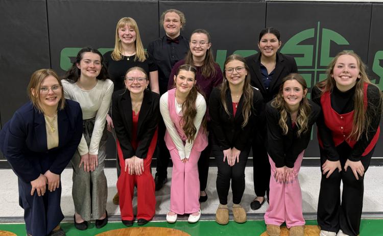 Cross County speech competed on Saturday at Scotus. Pictured are (front) Emarie Bowman, Olivia Phillips, Atlee Schweitzer, Lily Cramer, Kylie Moore, Ella Cramer, Marivel Nyberg; (back) Selah Theis, Graycen Michel, Olivia Tandy and Naima Ramirez. Photo provided.