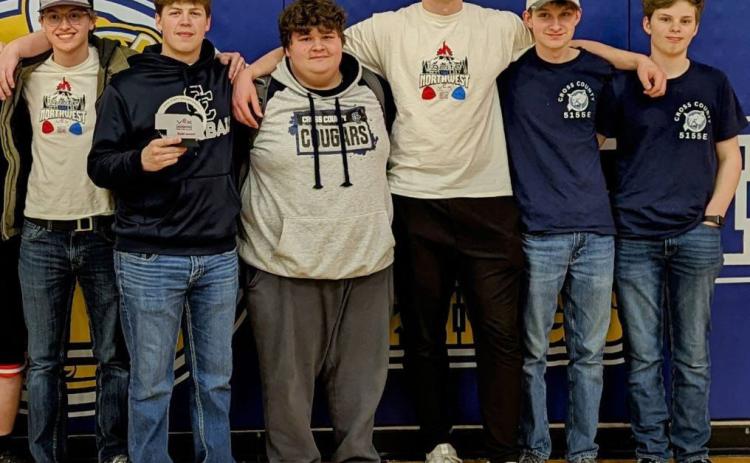 Teams 5155A(left to right), Mason Lindburg,Andrew Dubas, Brett Williams and Dane Holtzen and 5155E (left to right) Marshall Johansen and Sam Haug qualified for VEX worlds competition to be held April 25-27. Photo provided.