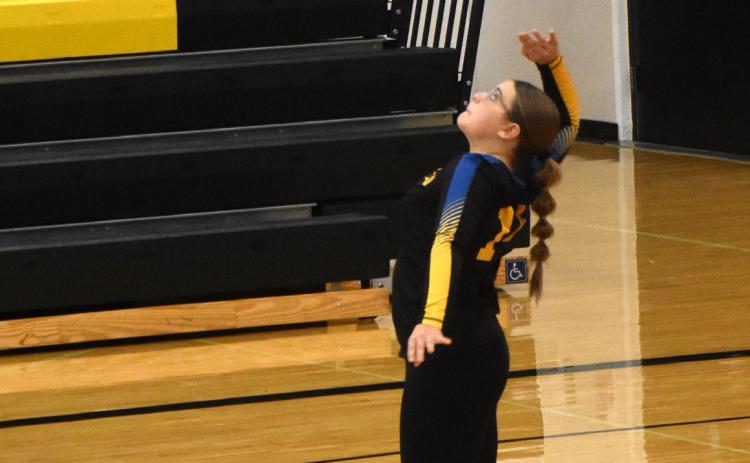 Jordyn Donner serves the volleyball on senior night against Schuyler. PCN photo by Beth Sparrow.