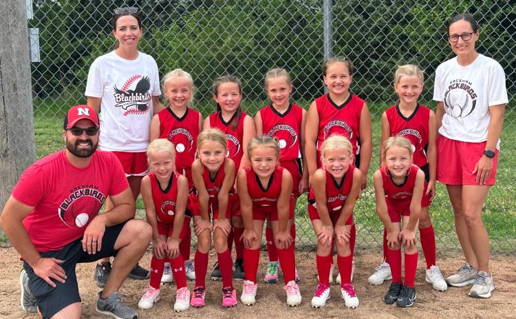 Gresham 8-U Red. Back row left to right: Coach Atley Henderson, Hadley Clonce, Jnel Henderson, Brynleigh Gierhan, Scarlett Gruber, Jaedyn Wittnebel, Coach Danielle Gruber Front row left to right: Coach Zach Gruber, Kinzie Tomes, Tillie Peeks, Alice Gruber, Berkley Gierhan, Josie Luettel. Photo was provided.