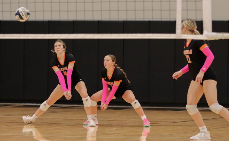 Left: Taylin Sanley goes for the dig while Emersyn Prososki backs her up. PCN photo by Blaine Winslow.